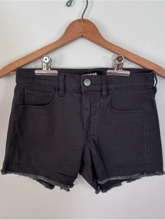 Pants - Express Mid Rise Shortie Charcoal Stretch Frayed Hem Shorts